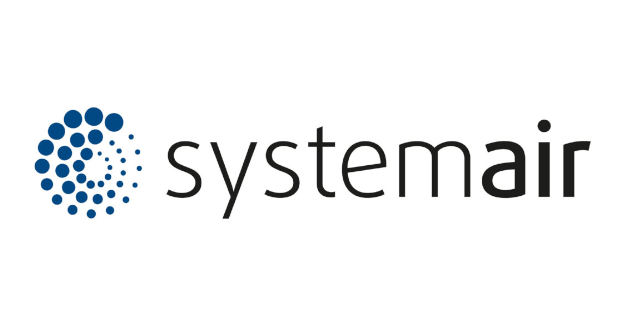 Logo Systemair: puntini blu a spirale accanto alla parola 