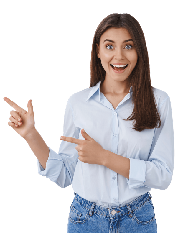 Surprised young successful working woman in blue blouse look impressed as seeing something unexpecting and awesome, pointing finger left sharing great news with you, white background