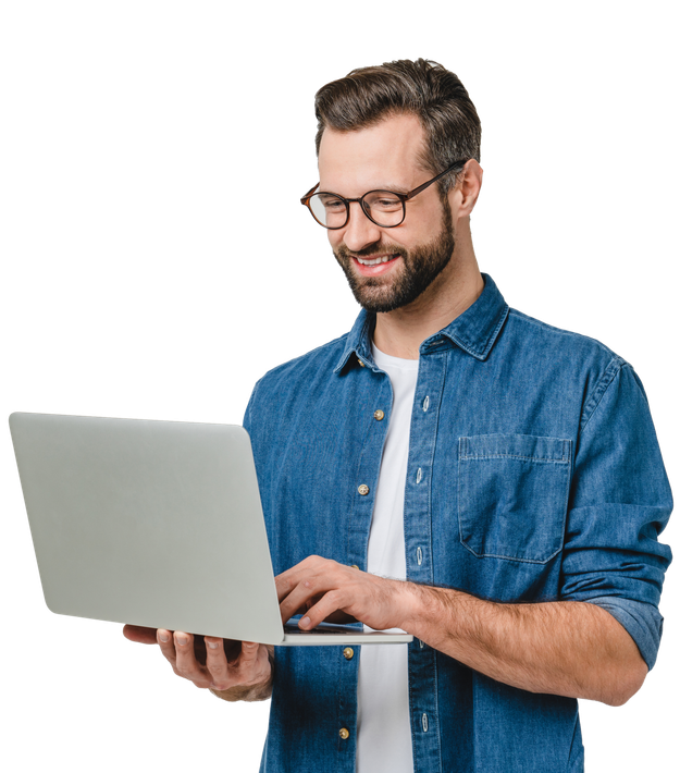Successful caucasian young man student freelancer using laptop, watching webinars, working remotely, e-learning e-commerce online isolated in white background