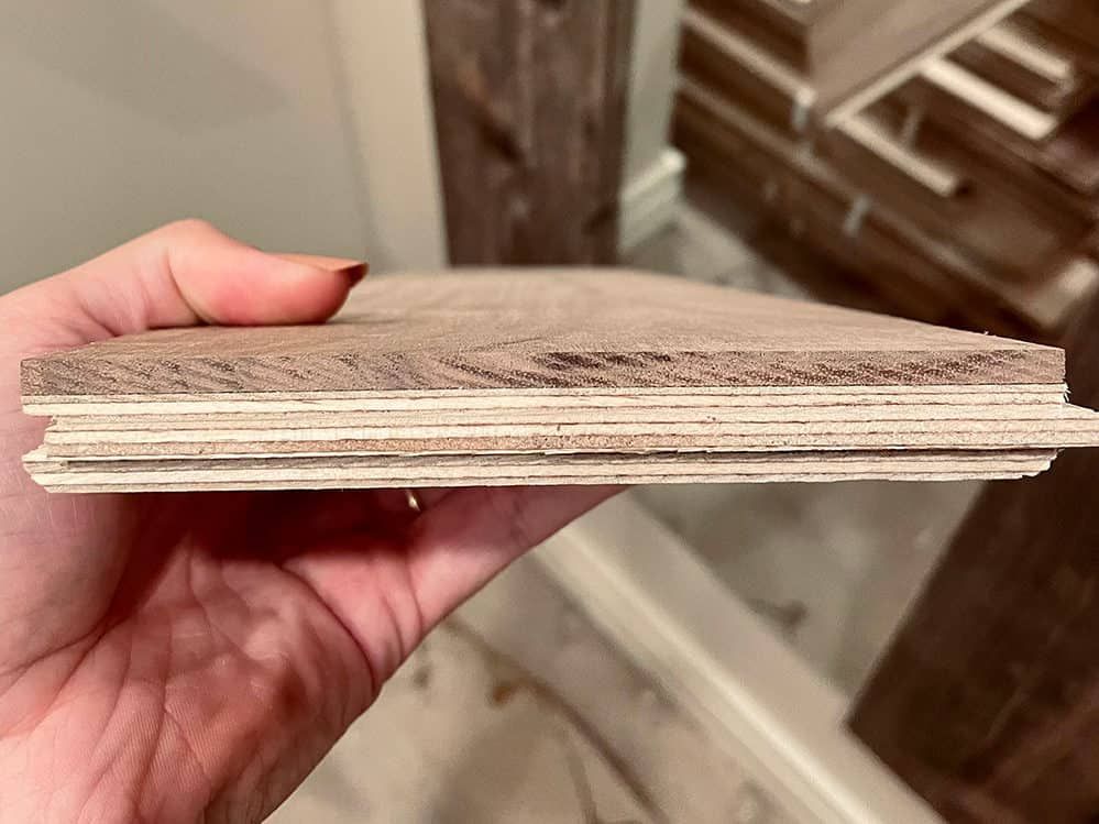 Cross-section view of engineered hardwood flooring with thick top layer of refinishable wood