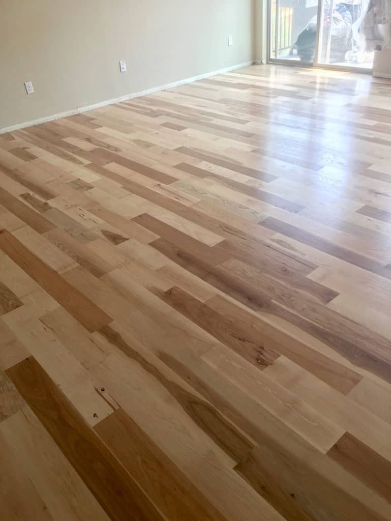 A living room with hardwood floors and a sliding glass door.