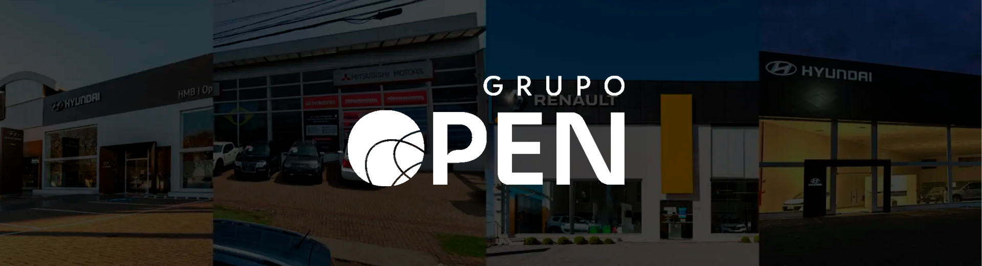 um grupo de carros está estacionado em frente a um prédiocom a logo da Grupo Open