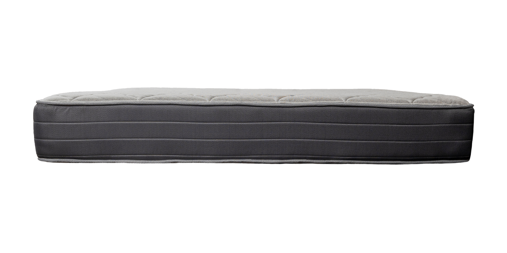 Cama para mascotas rectangular de color gris y negro sobre fondo blanco.