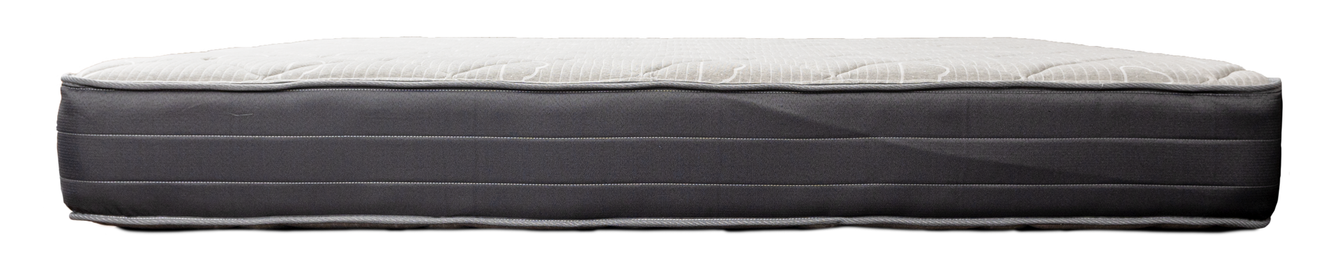 Un colchón grueso y rectangular con una parte superior gris claro y lados gris oscuro, posiblemente para una cama.
