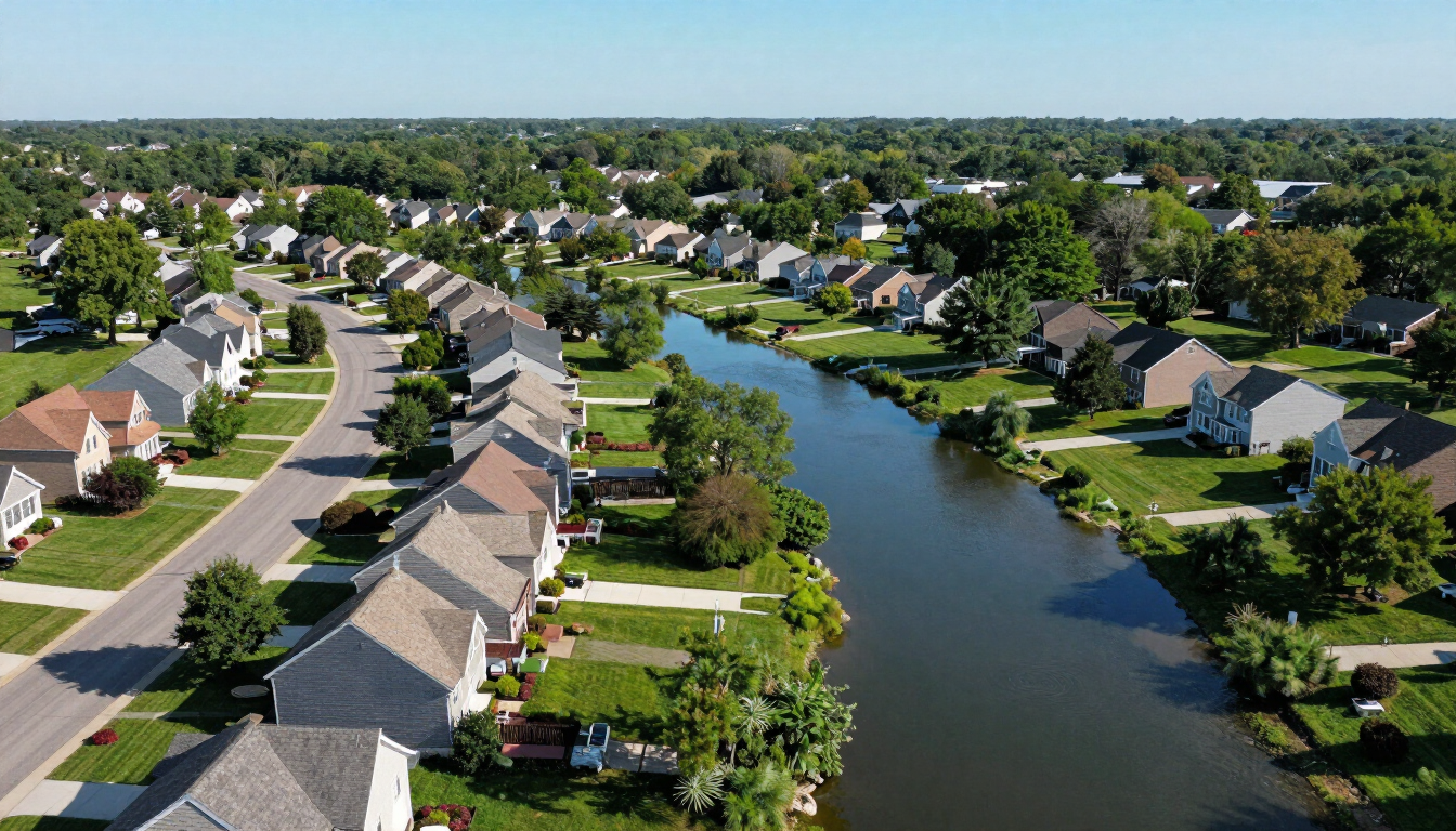Aerial view of an Indiana neighborhood near a river waterway.