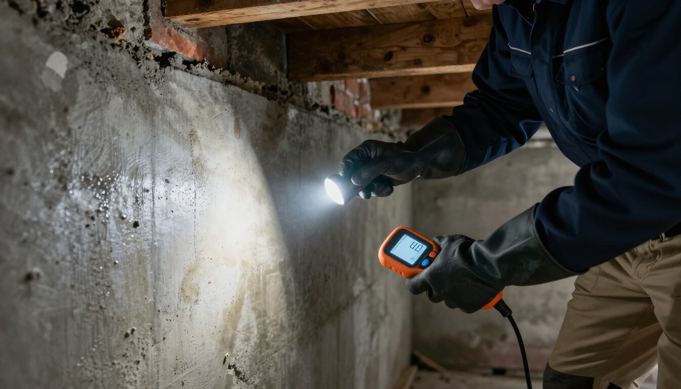 photorealistic close up of a professional home inspector checking a basement foundation for water damage with a flashlight and moisture meter high detail