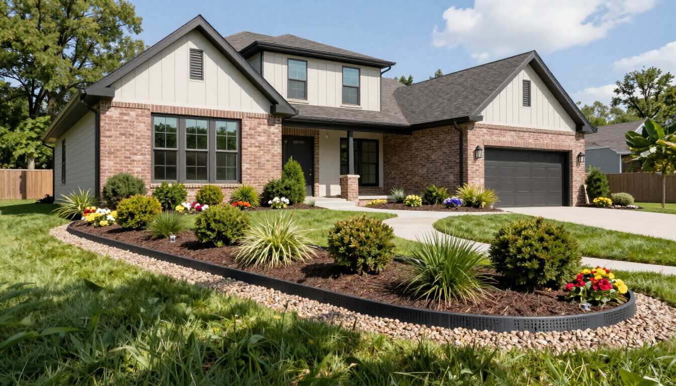 photorealistic modern suburban house in Carmel Indiana with professional landscaping and visible French drain system natural lighting high quality detail