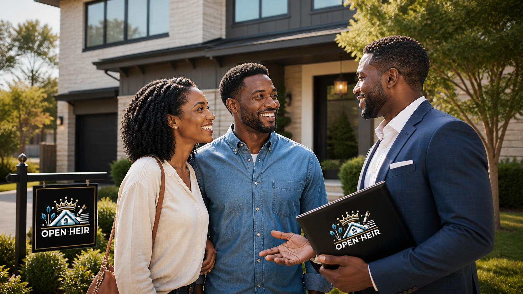 Real estate agent showing a couple a house in front of a modern home