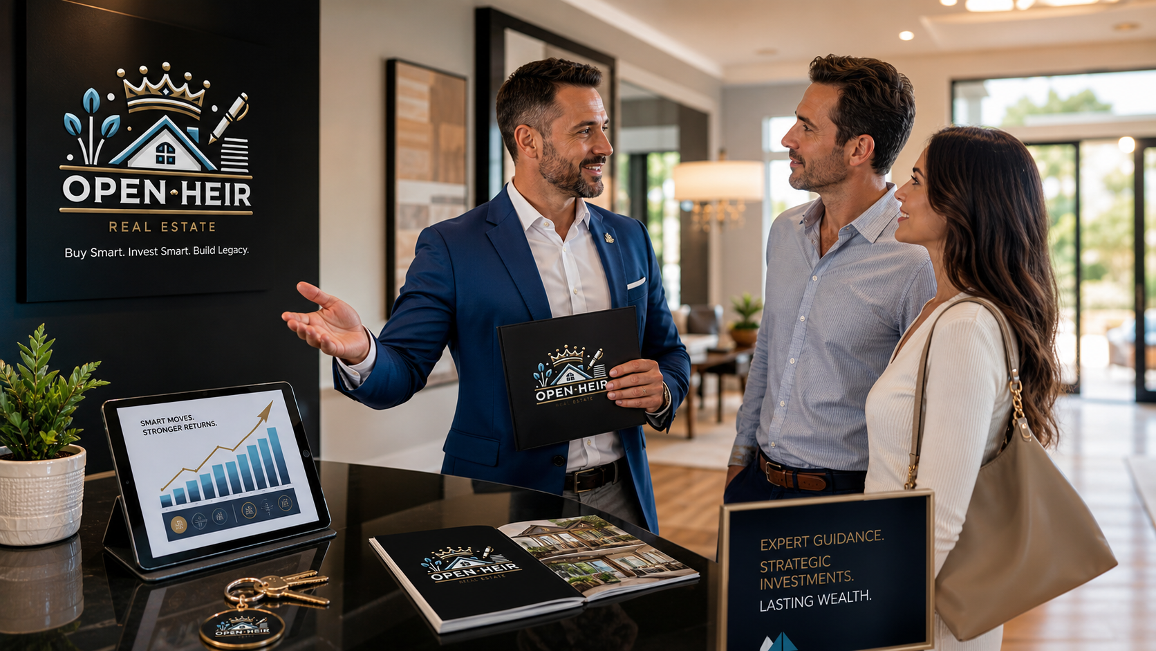 Open Heir hospitality booth with two guests talking to a suited representative, laptop and brochures on display