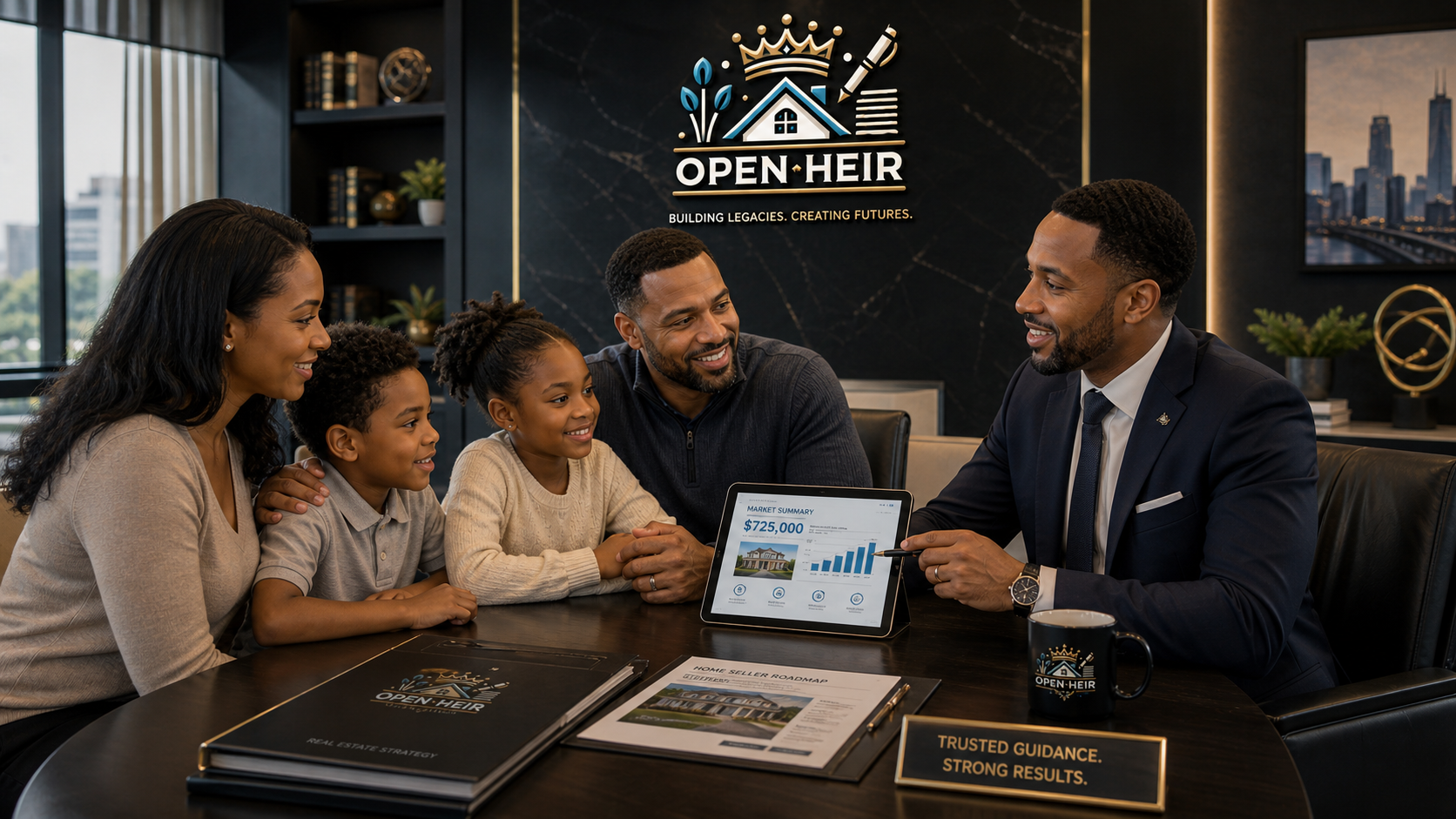 Family meeting with an adviser in a modern office, reviewing documents and a laptop at a conference table.