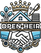 OPEN HEIR logo in bold black text with a ring-like emblem on the left, outlined in beige and white