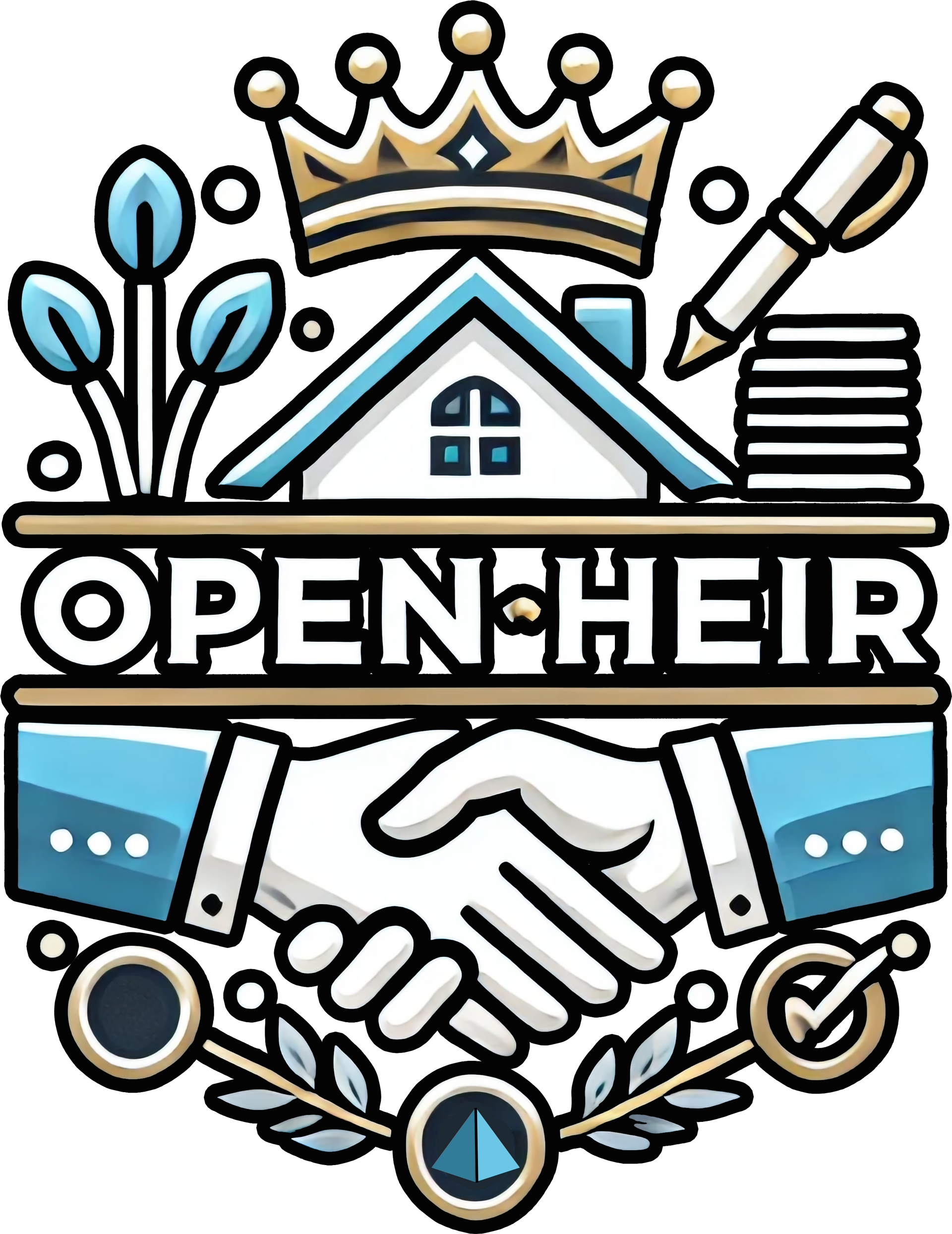 OPEN HEIR logo in bold black text with a ring-like emblem on the left, outlined in beige and white