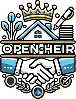 OPEN-HEIR logo with crown, handshake, house, pen, and decorative leaves