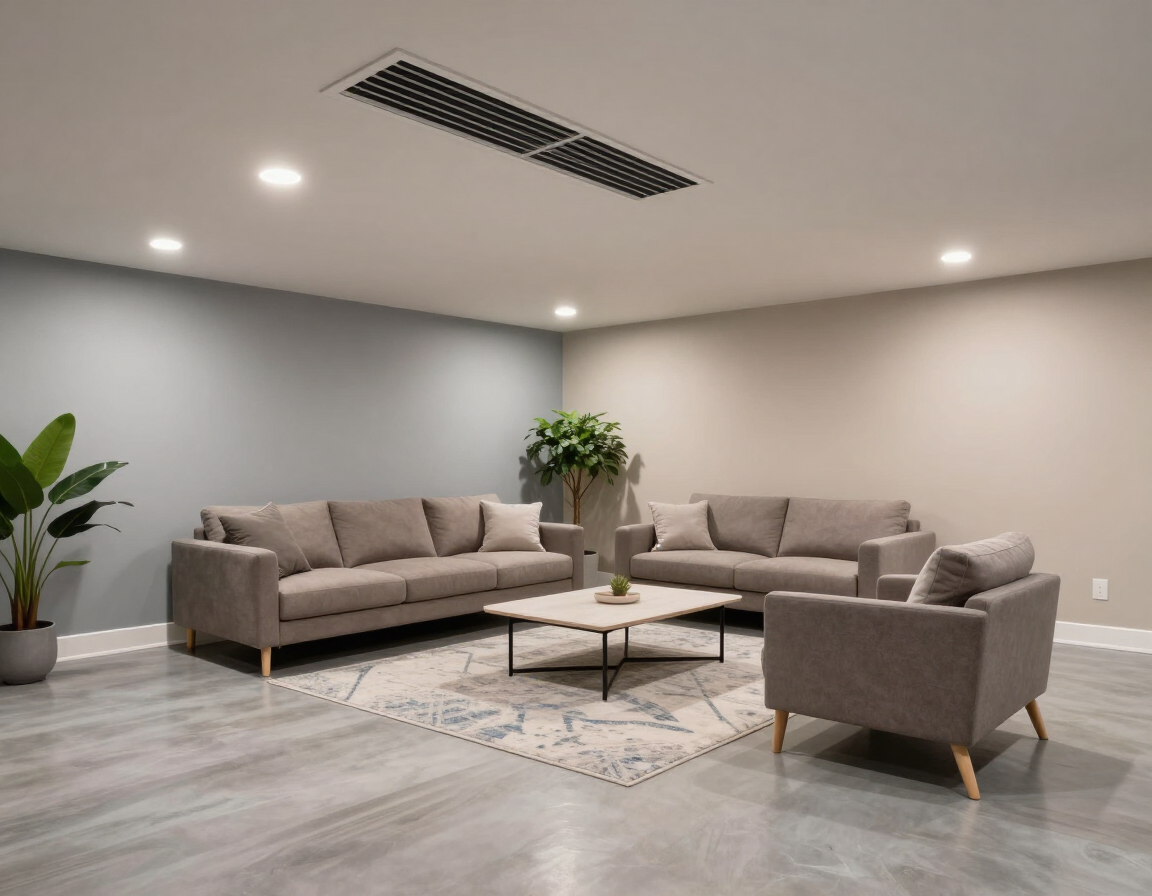 Modern finished basement with HVAC vent and clean comfortable interior