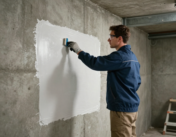 Technician applying waterproof membrane to basement wall