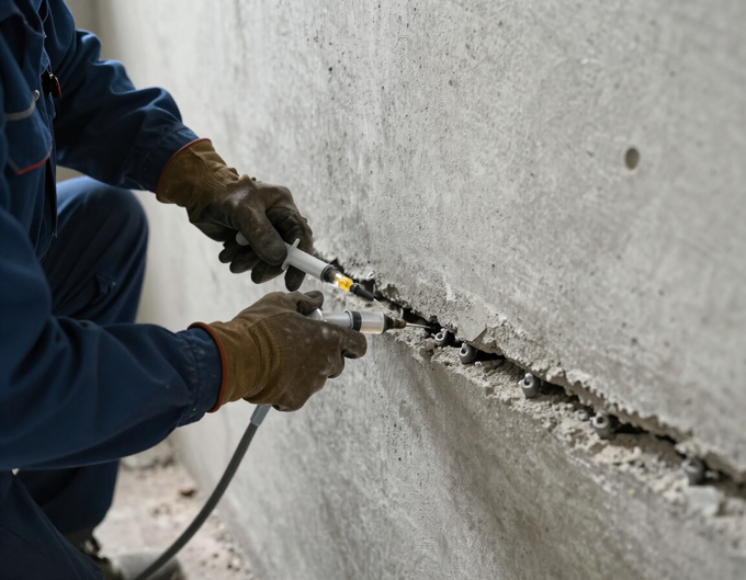 Technician repairing foundation crack with epoxy injection