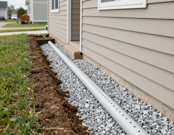 Exterior yard drainage channel installation alongside house foundation
