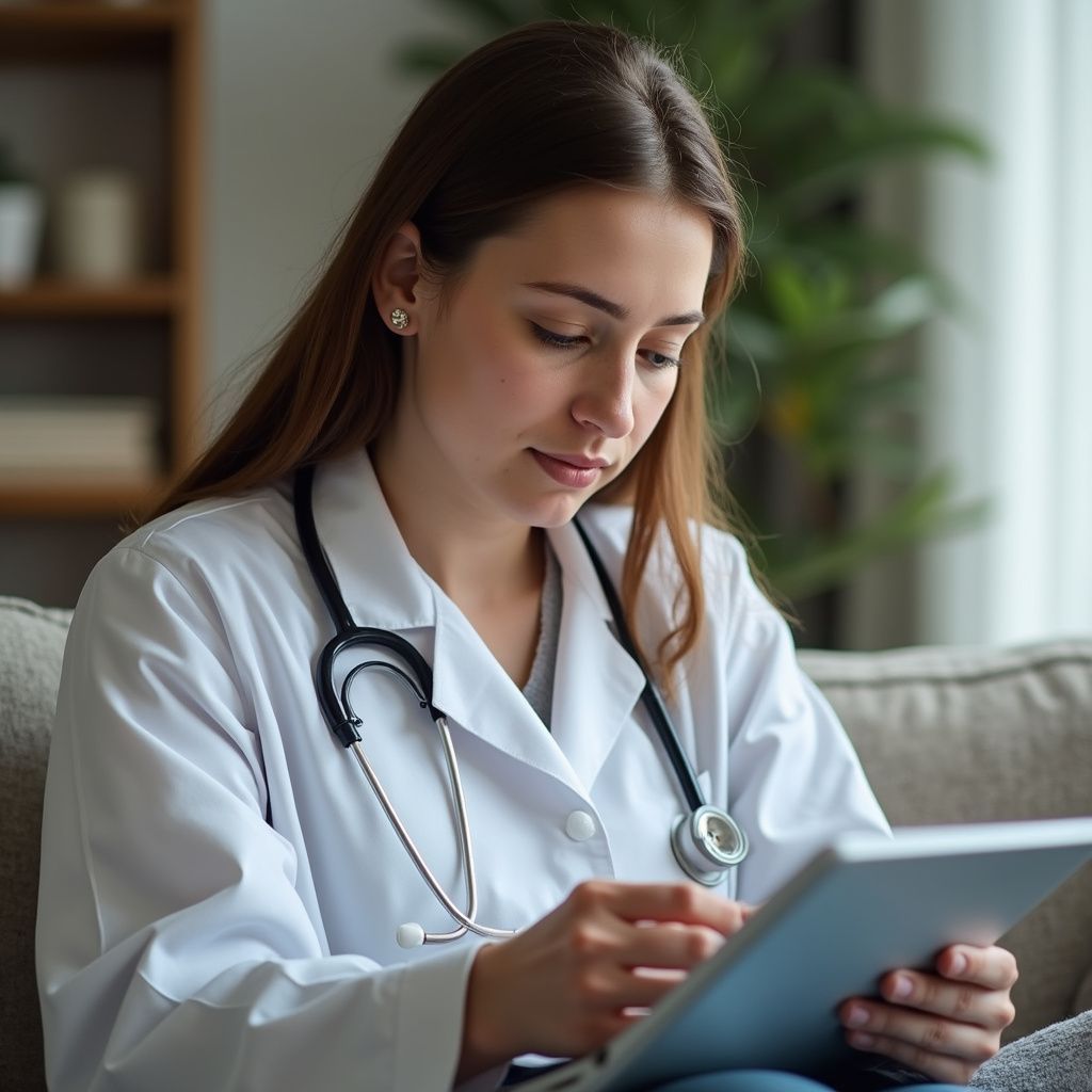 A medical professional in a white coat with a stethoscope around their neck, sitting and looking at a digital tablet.