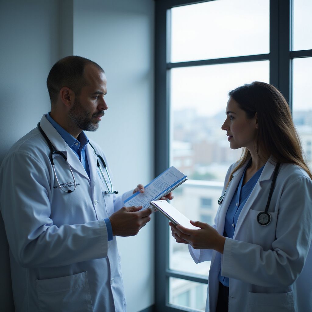 Two medical professionals in white coats and stethoscopes consult while holding a tablet and documents near a window.
