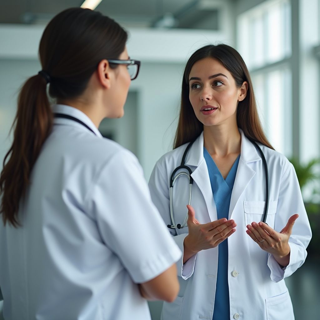 Two medical professionals in white coats and scrubs talk in a brightly lit office setting.