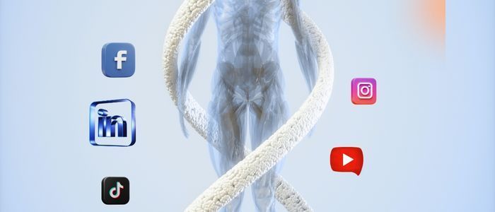 A translucent human figure wrapped in a white, rope-like structure, surrounded by Facebook, LinkedIn, TikTok, IG, and YT icons.