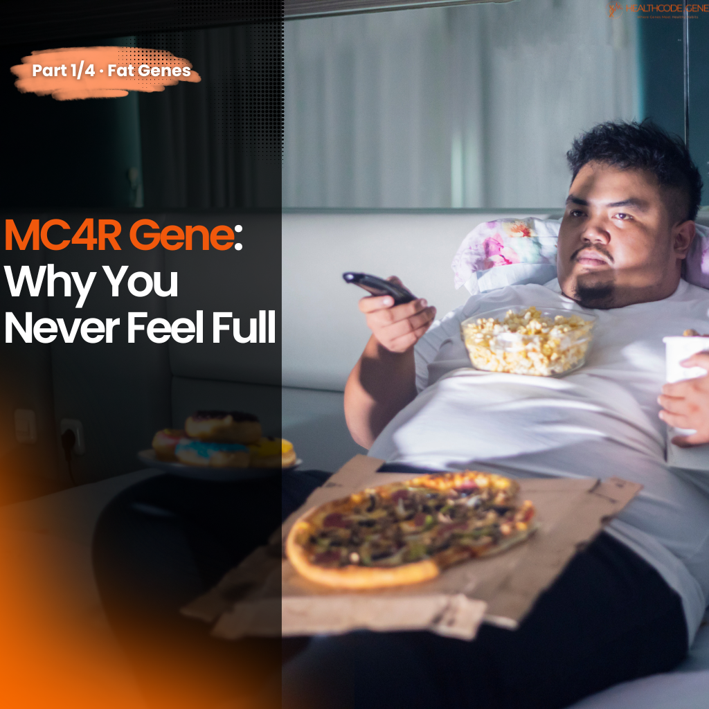 A person reclines while watching television with a pizza and popcorn, overlaid with text about the MC4R gene.