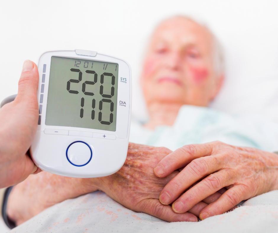 A person holds a digital blood pressure monitor displaying a reading of 220/110 mmHg in front of an elderly patient.