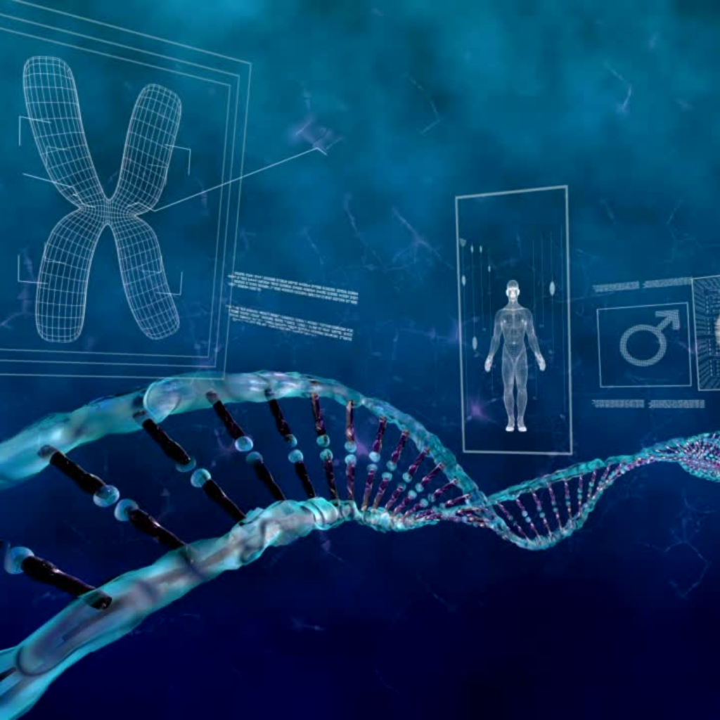 A DNA double helix floats over a blue background with digital diagrams of a chromosome and biological symbols.