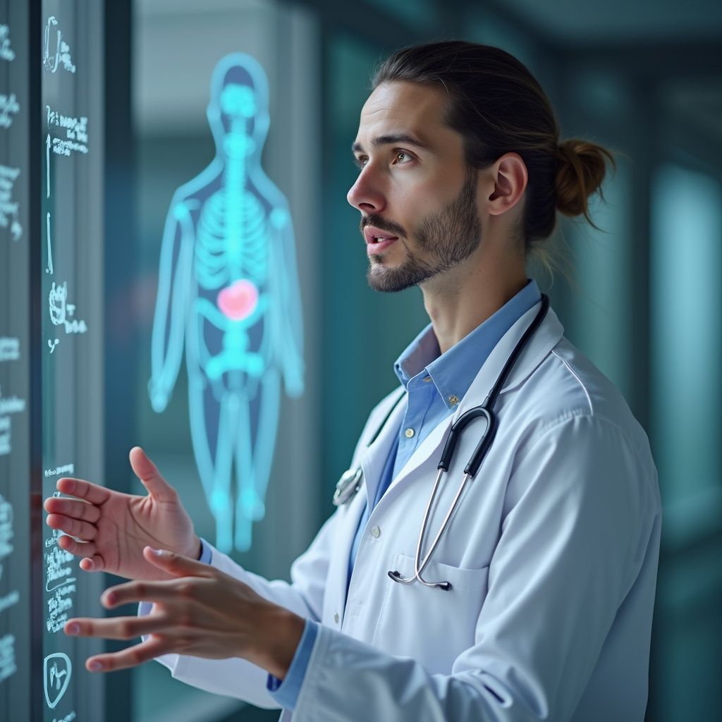 A medical professional in a lab coat and stethoscope gestures toward a digital display of a human skeletal system.