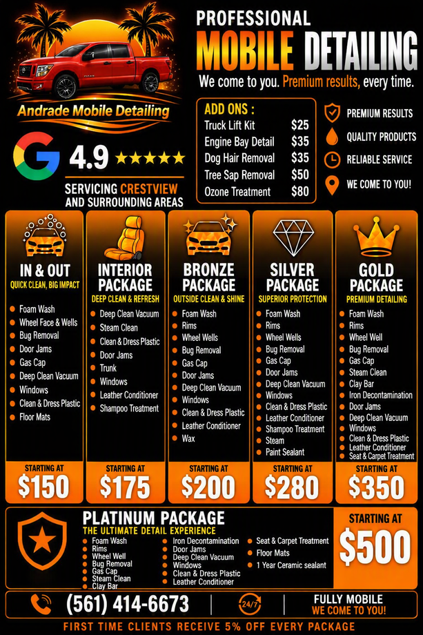 Mobile detailing service flyer with six package tiers, prices, and contact info on a black and orange background