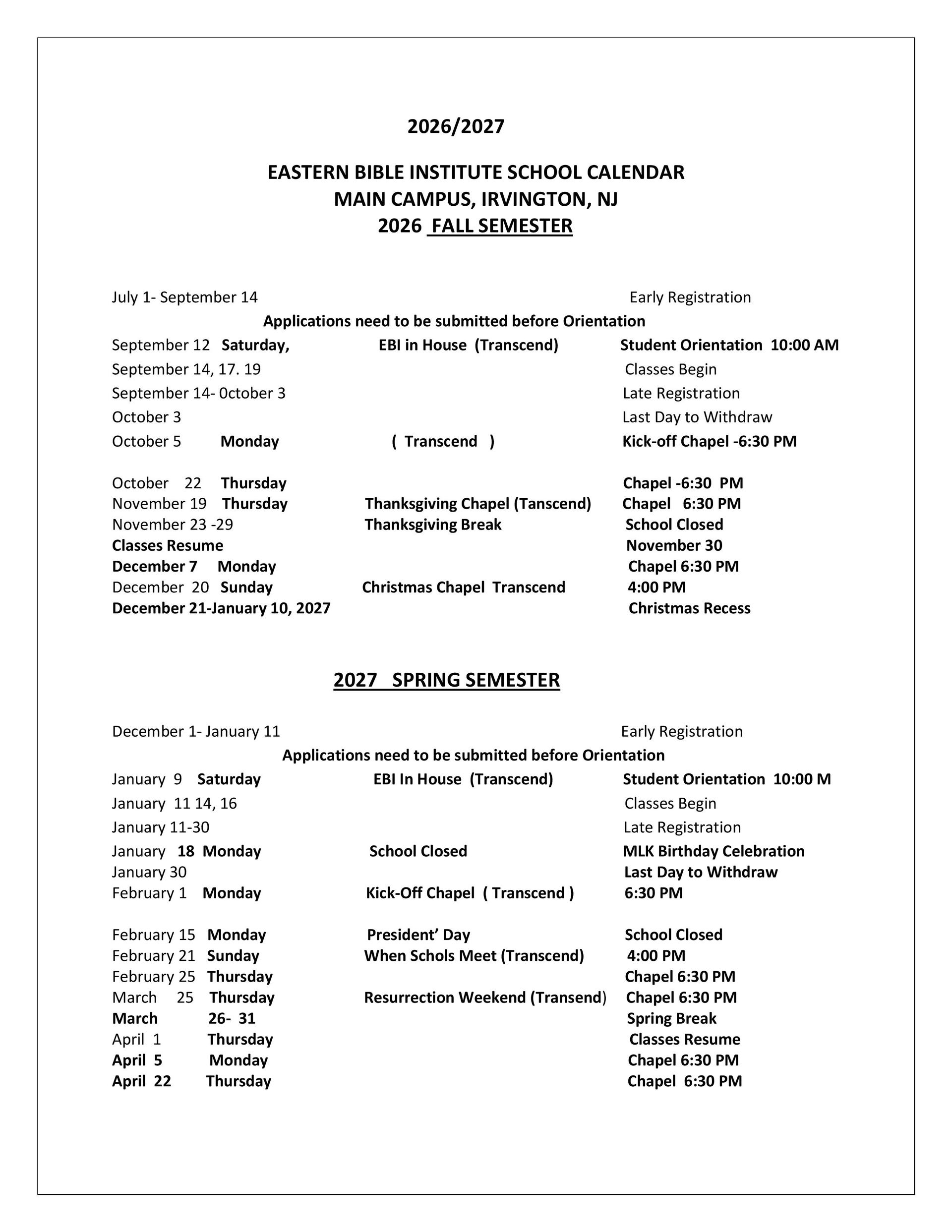 Calendar | Eastern Bible Institute