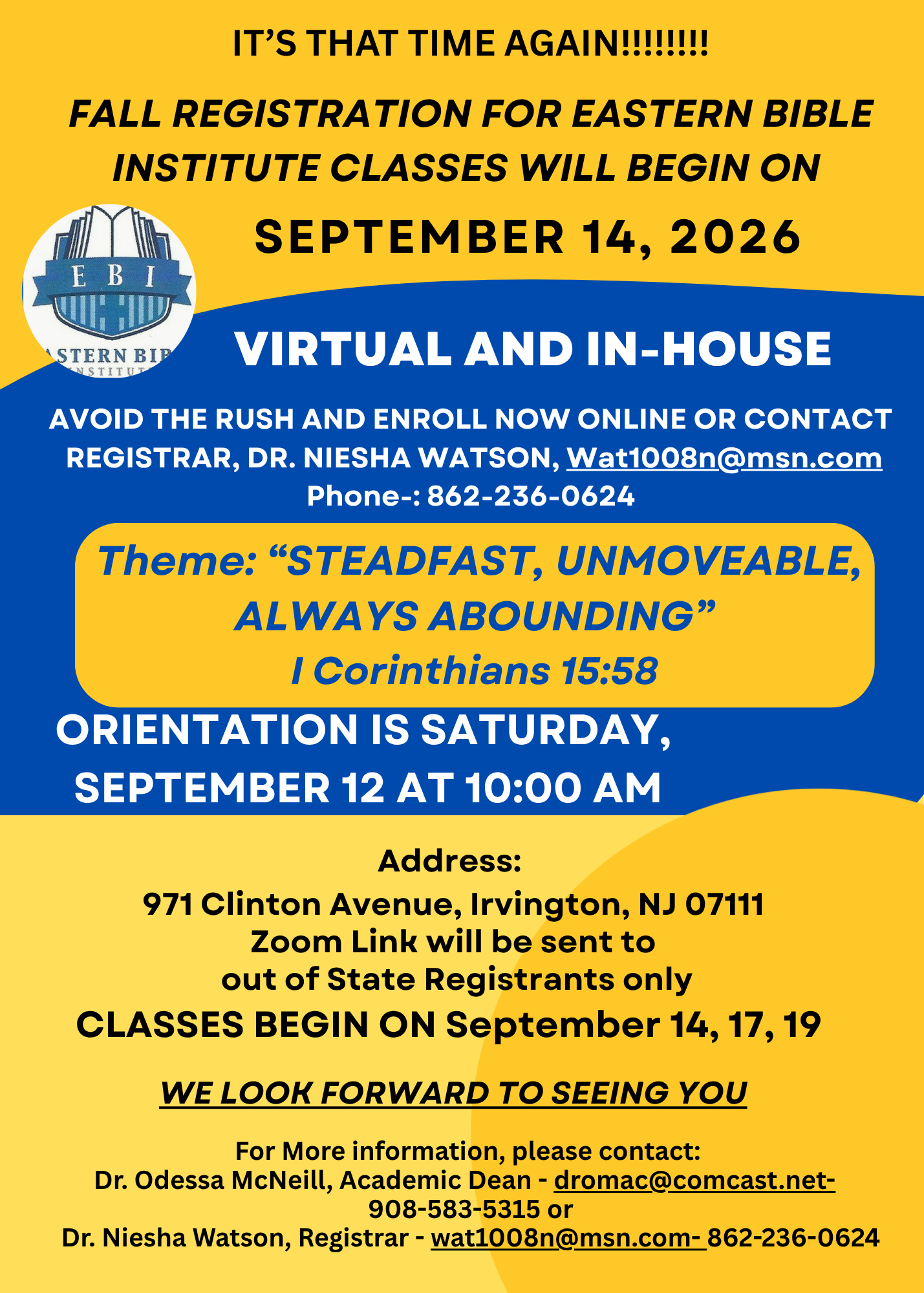 Flyer for Eastern Bible Institute's Spring 2026 semester in Irvington, NJ
