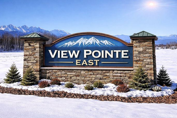 Snowy entrance sign reading “View Pointe East” with stone pillars and mountains in the background