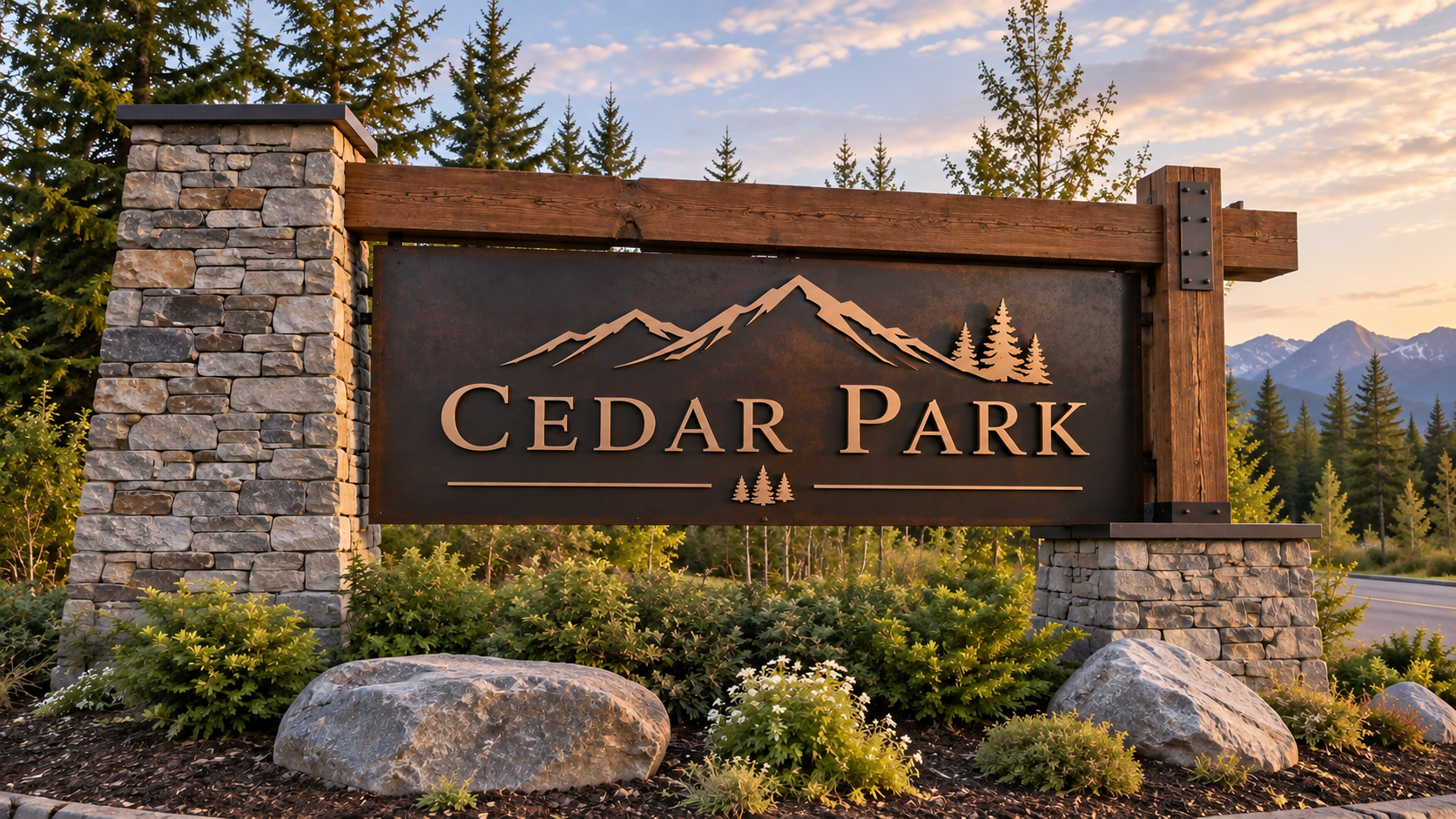 Cedar Park entrance sign with stone pillars, rocks, shrubs, and evergreen trees at sunset