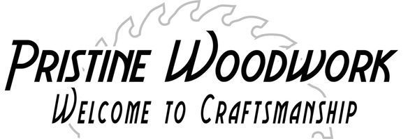 Pristine Woodwork logo with a saw blade graphic and the tagline “Welcome to Craftsmanship”