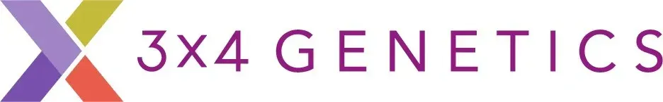 Logo for 3x4 Genetics: abstract overlapping shapes in purple, orange, and yellow with text 