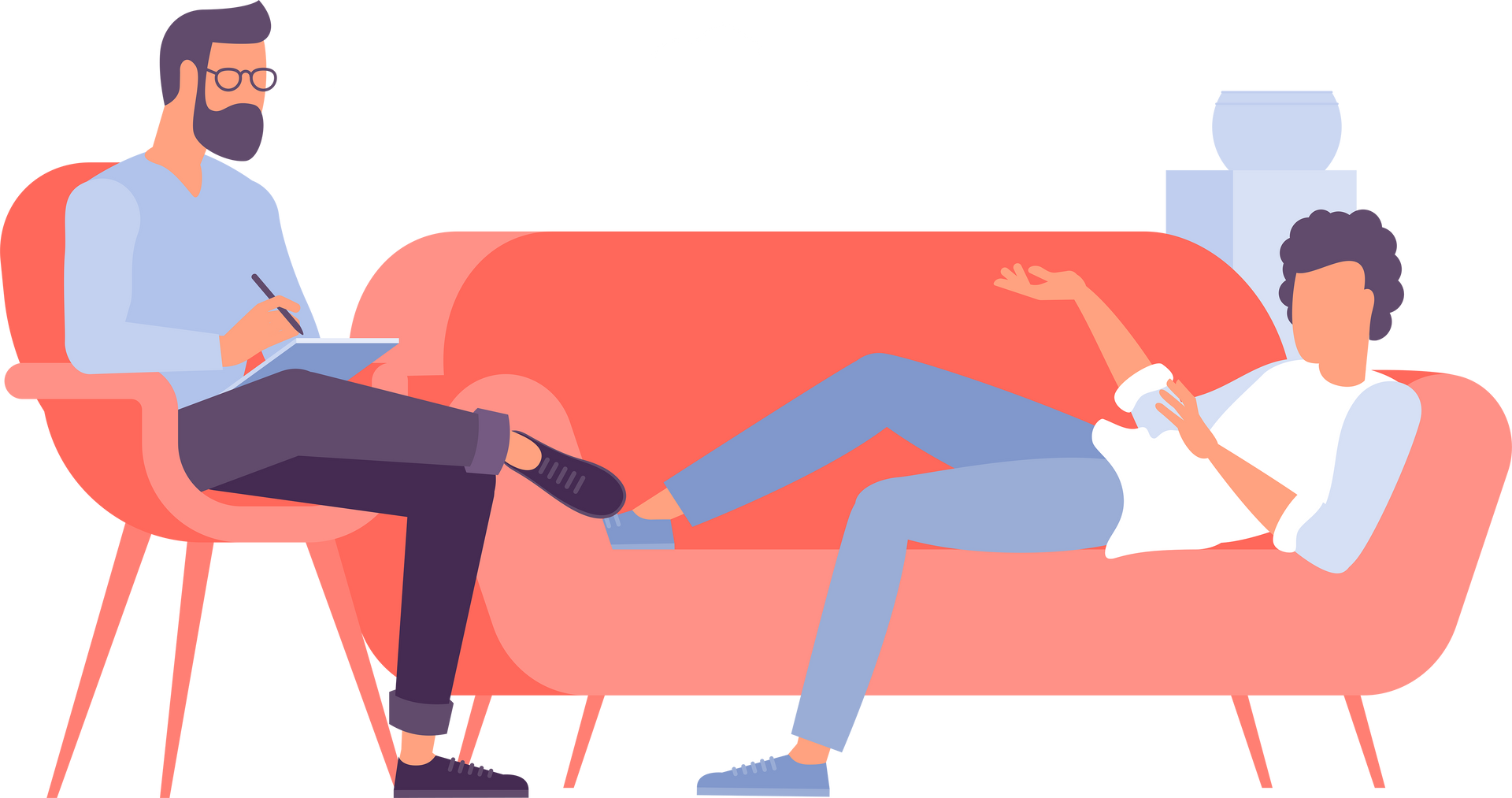 Therapist taking notes while patient reclines on a coral couch, gesturing with hand.