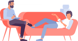 Therapist taking notes while patient reclines on a coral couch, gesturing with hand.