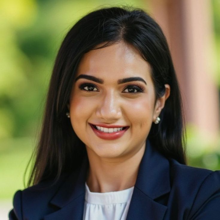 Woman in a dark blue blazer and white blouse smiles, outdoors.