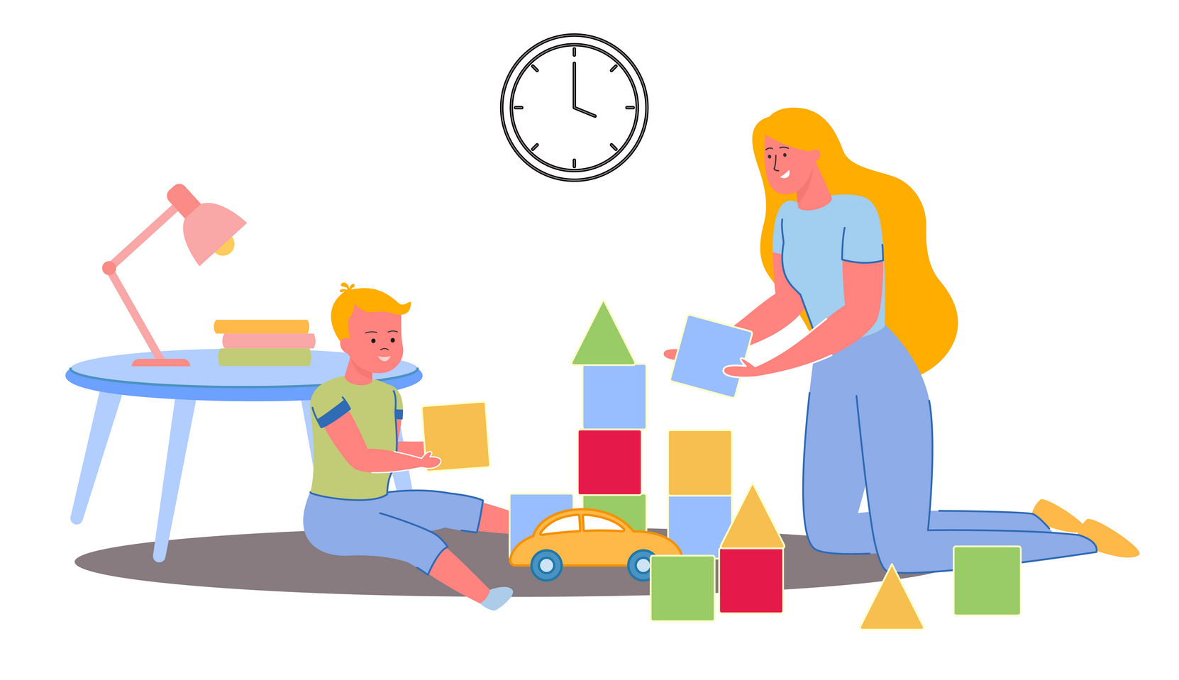 Woman and child playing with blocks; building a tower. Clock on the wall.