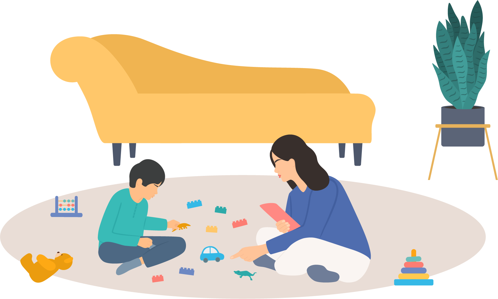 Woman and child playing with toys on floor; a couch and plant are in the background.