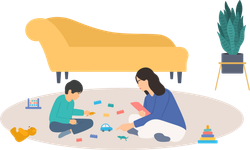 Woman and child playing with toys on floor; a couch and plant are in the background.