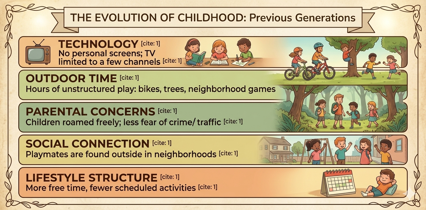 Infographic about the evolution of childhood. Sections include technology, outdoor time, parental concerns, social connection, and lifestyle structure.