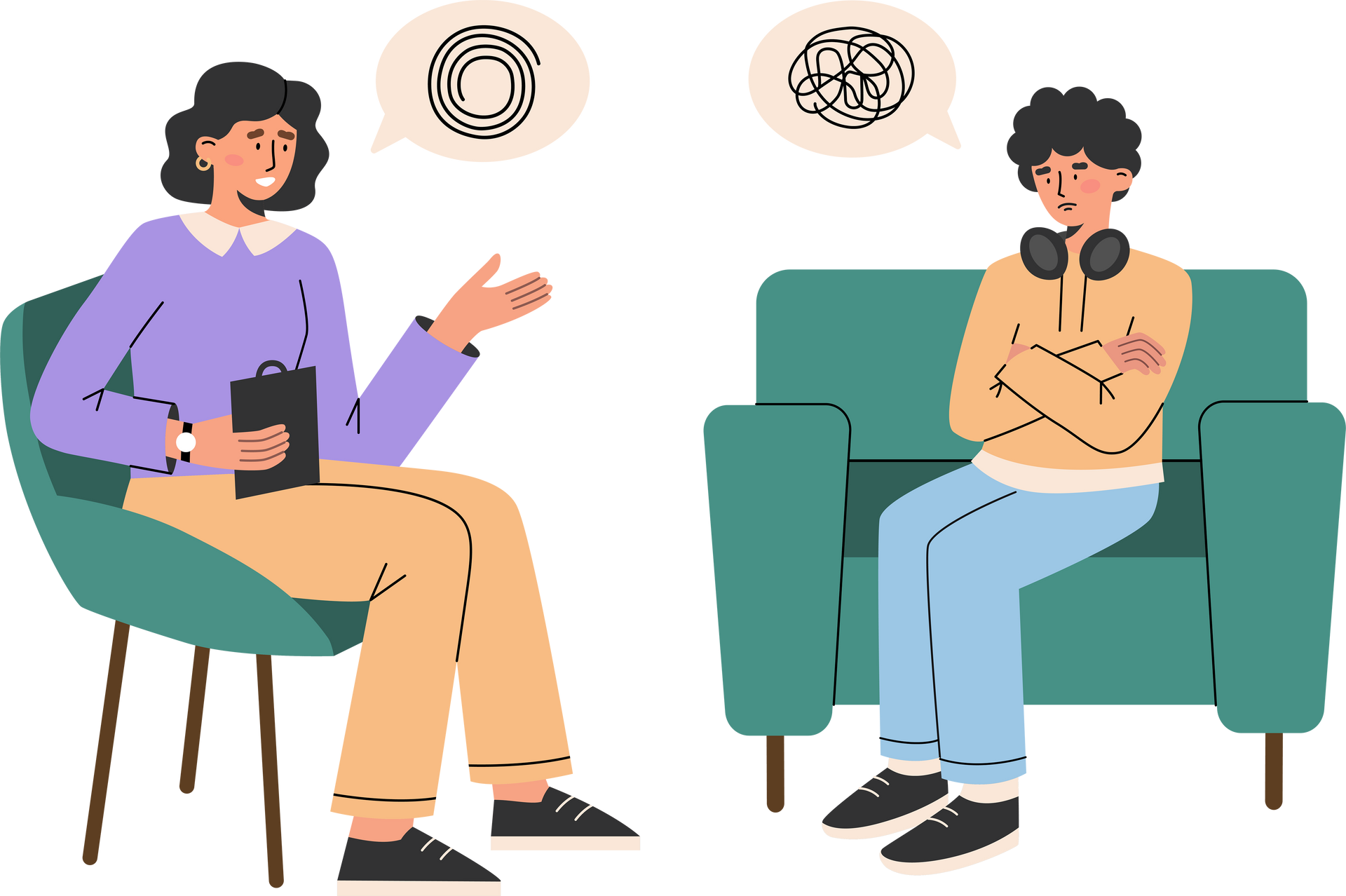 Therapist in purple top and patient in orange hoodie, in a counseling session. Both have thought bubbles.