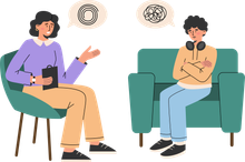Therapist in purple top and patient in orange hoodie, in a counseling session. Both have thought bubbles.