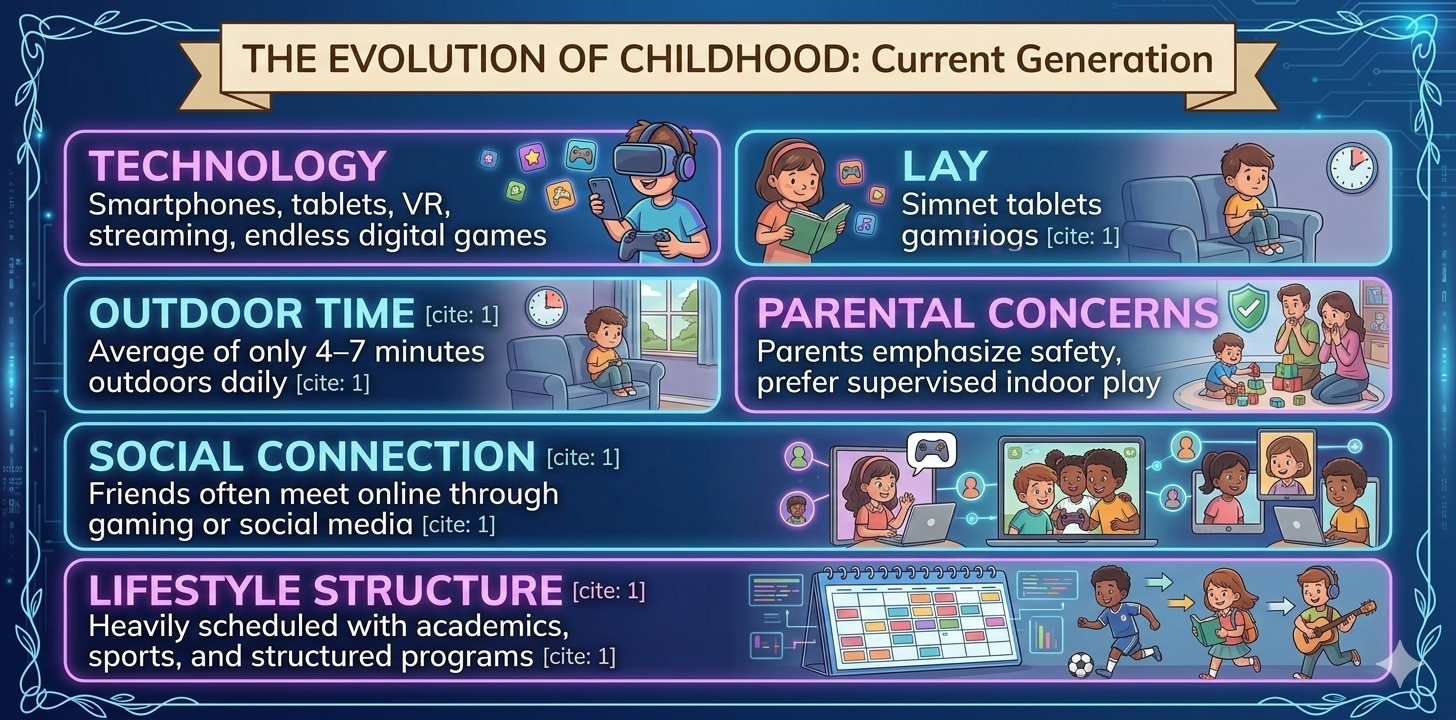 Infographic: Evolution of Childhood. Features technology, limited outdoor time, parental concerns, online social connections, and structured lifestyles.