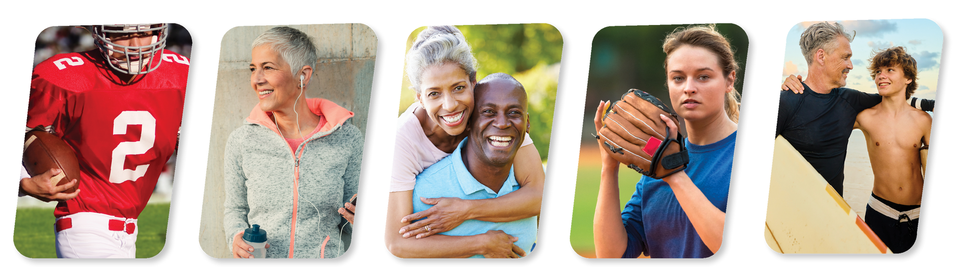 Five diverse images of people engaging in various activities: football, enjoying nature, embracing, softball, and surfing.