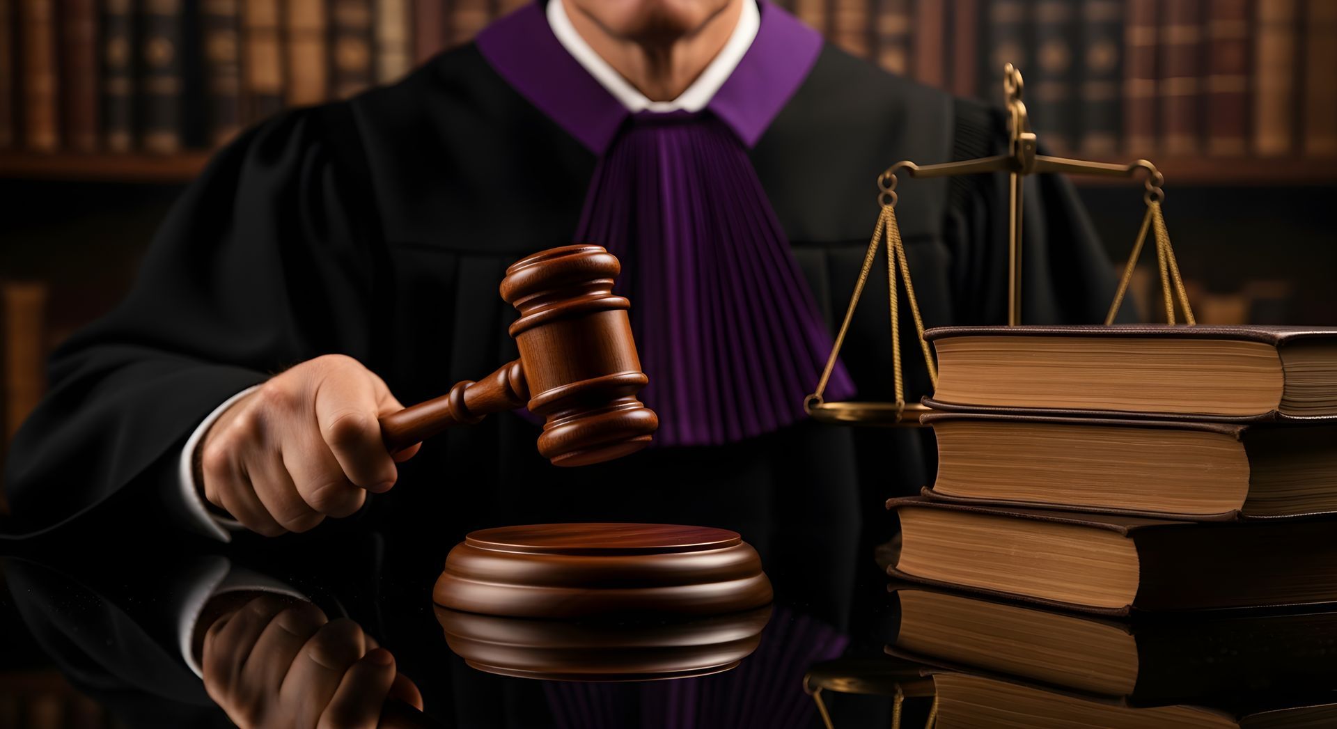 Judge holding wooden gavel on courtroom desk with law books and justice scales in background.