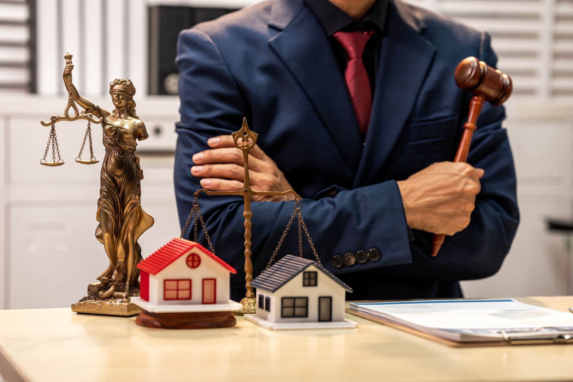 Real estate attorney in a navy suit holding a gavel beside scales of justice and two model houses. Real estate attorney in a navy suit holding a gavel beside scales of justice and two model houses.