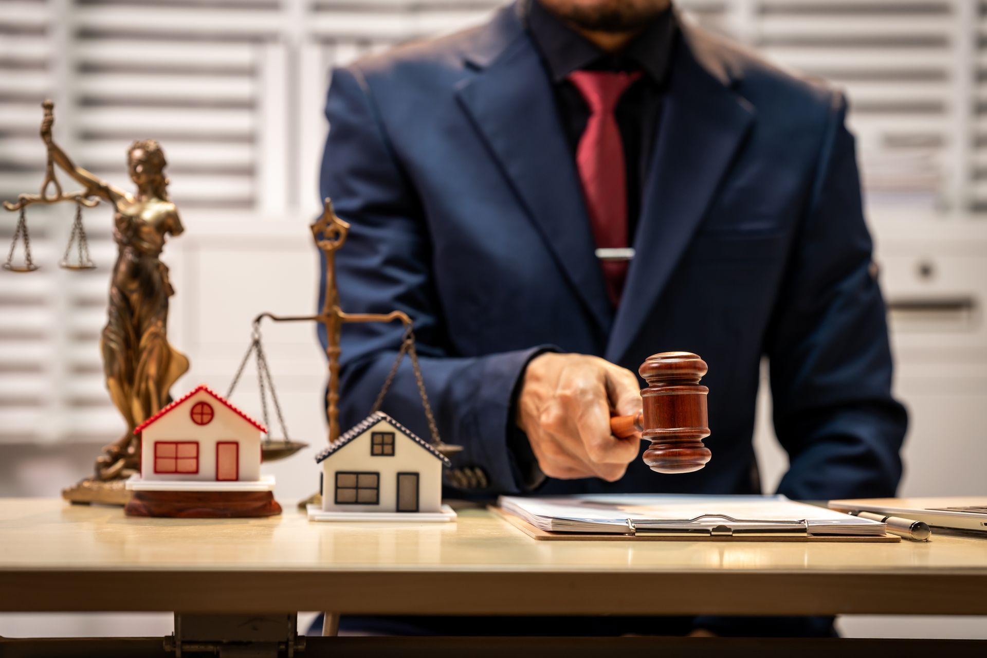 Handshake across a desk with gavel, scales, documents, and laptop in office.